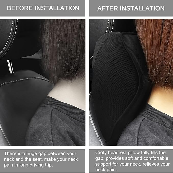 2 Pack Car Neck Pillow, Softness Car Headrest Pillow for Driving with Adjustable Strap, 100% Memory Foam and Breathable Removable Cover, Comfortable Ergonomic Design (Black Side Rope) - LeafyLoom