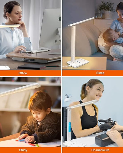 Desk Lamp with Wireless Charger, USB Charging Port, Dimmable Office Desk Light with Clock, Alarm, Date, Temperature, Foldable Lamp for Table Bedroom Bedside Office (White) - LeafyLoom