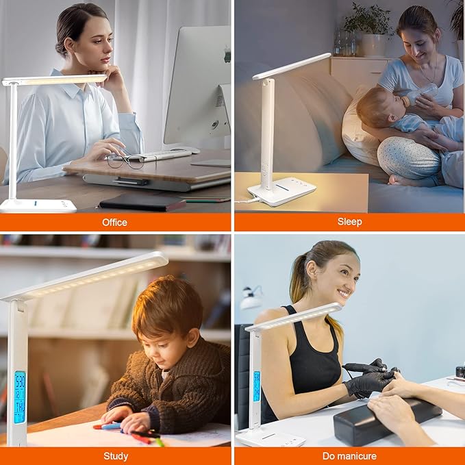 Desk Lamp with Wireless Charger, USB Charging Port, Dimmable Office Desk Light with Clock, Alarm, Date, Temperature, Foldable Lamp for Table Bedroom Bedside Office (White) - LeafyLoom