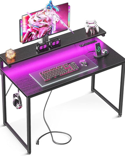 AODK Small Desk, 40 Inch Gaming Desk with LED Lights and Power Outlet, Computer Desk with Adjustable Monitor Shelf (3 Heights), Home Office Table Study Desk Compact Desk for Small Space, Black - LeafyLoom