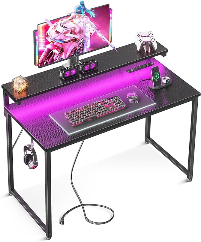 AODK Small Desk, 40 Inch Gaming Desk with LED Lights and Power Outlet, Computer Desk with Adjustable Monitor Shelf (3 Heights), Home Office Table Study Desk Compact Desk for Small Space, Black - LeafyLoom