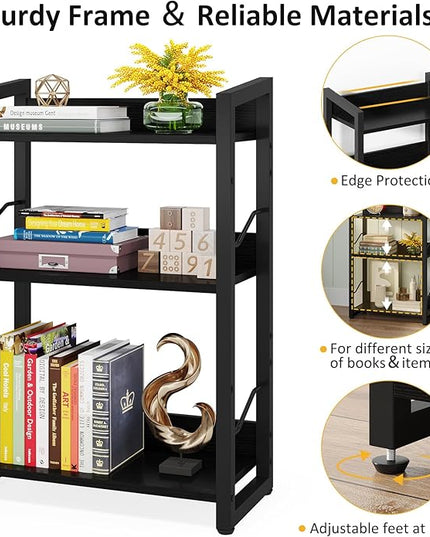Book Shelf Small Bookshelf - 3-Tier Wood Bookcase Industrial Bookshelf Metal Narrow Bookshelves Storage Organizer Display Rack for Bedroom Living Room Home Office (Black) - LeafyLoom