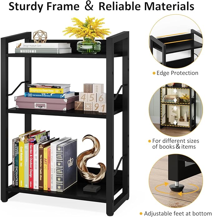 Book Shelf Small Bookshelf - 3-Tier Wood Bookcase Industrial Bookshelf Metal Narrow Bookshelves Storage Organizer Display Rack for Bedroom Living Room Home Office (Black) - LeafyLoom