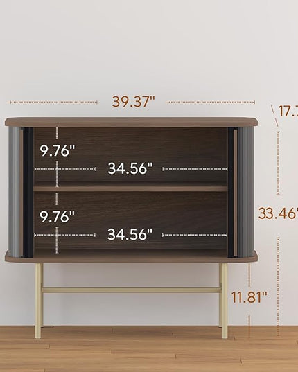 roomfitters Sideboard Buffet Cabinet with Sliding Doors, Mid Century Modern Credenza with 2 Tambour Doors, Minimalist Accent Storage Cabinet for Living Room, Media Console with Storage, Walnut Black - LeafyLoom