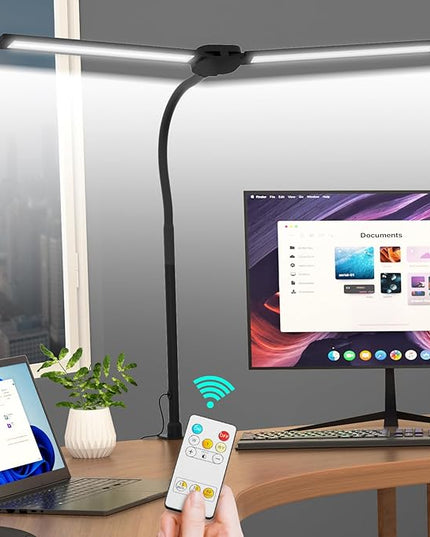 LED Desk Lamp with Wireless Remote, Dual Screen Computer Monitor Desk Lamps for Home Office, Eye Protection Modern Table Light Adjustable Flexible Gooseneck, for Architect Studio Working Reading - LeafyLoom