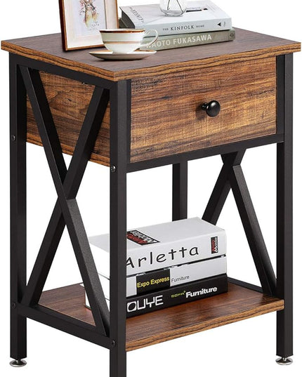 VECELO Modern Versatile Nightstands X-Design Side End Table Night Stand Storage Shelf with Bin Drawer for Living Room Bedroom, Brown+Black - LeafyLoom