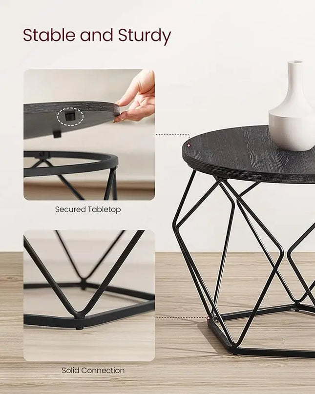 VASAGLE Small Coffee Table Set of 2, Round Coffee Table with Steel Frame, Side End Table for Living Room, Bedroom, Office, Charcoal Gray and Ink Black - LeafyLoom
