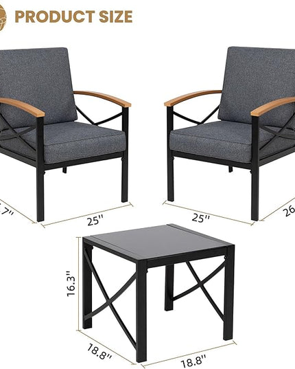 Shintenchi 3 Piece Metal Outdoor Patio Furniture Set, Modern Outdoor Metal Chairs Conversation Furniture Set with Coffee Table for Patio,Backyard,Balcony, Poolside (Dark Grey) - LeafyLoom