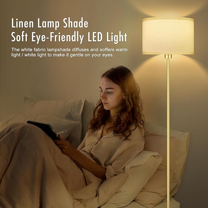 BoostArea Floor Lamp Standing Lamp Gold, 59" Tall Lamps for Living Room, Simple Pole Lamp with White Shade, On/Off Foot Pedal, Bright Dimming Lamp for Kids Room Bedroom Office Decor(9W Bulb Included) - LeafyLoom