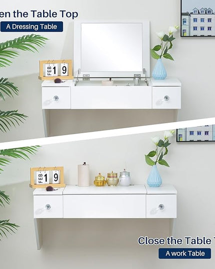 ALIMORDEN Floating Shelf with Mirror and Drawer,Floating Drawer for Bathroom, White Wall Mounted Desk,Pull Out Drawer, 31 inches Surface, Floating Wall Desk, Hanging Desk, White - LeafyLoom