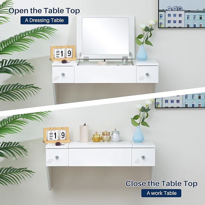 ALIMORDEN Floating Shelf with Mirror and Drawer,Floating Drawer for Bathroom, White Wall Mounted Desk,Pull Out Drawer, 31 inches Surface, Floating Wall Desk, Hanging Desk, White - LeafyLoom