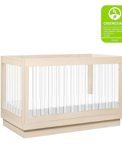 Babyletto Harlow Acrylic 3-in-1 Convertible Crib with Toddler Bed Conversion Kit in Washed Natural with Acrylic Slats, Greenguard Gold Certified - LeafyLoom