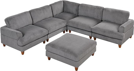 6 Seater Oversized Modular Sectional Sofa Convertible Sleeper Couch Bed with Movable Ottomans and Solid Wood Legs, Free Combination Corduroy Upholstered Lounge Sofabed for Living Room Office - LeafyLoom