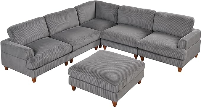 6 Seater Oversized Modular Sectional Sofa Convertible Sleeper Couch Bed with Movable Ottomans and Solid Wood Legs, Free Combination Corduroy Upholstered Lounge Sofabed for Living Room Office - LeafyLoom