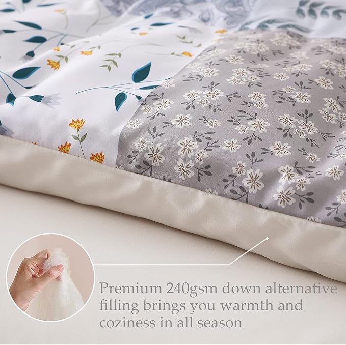Whale Flotilla Queen Full Comforter Set, Soft Reversible Grey Bedding Comforter Set with Boho Pattern, 1 Micoriber Patchwork Comforter and 2 Pillow Shams, 3 Pieces - LeafyLoom