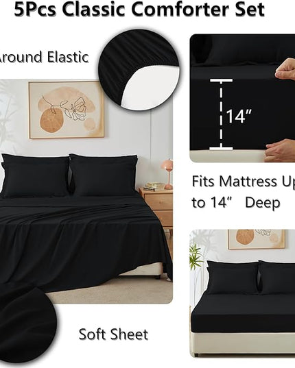 CozyLux Twin Bed in a Bag Comforter Sets with Comforter and Sheets 5 Pieces for Girls and Boys Black All Season Bedding Sets with Comforter, Pillow Sham, Flat Sheet, Fitted Sheet and Pillowcase - LeafyLoom