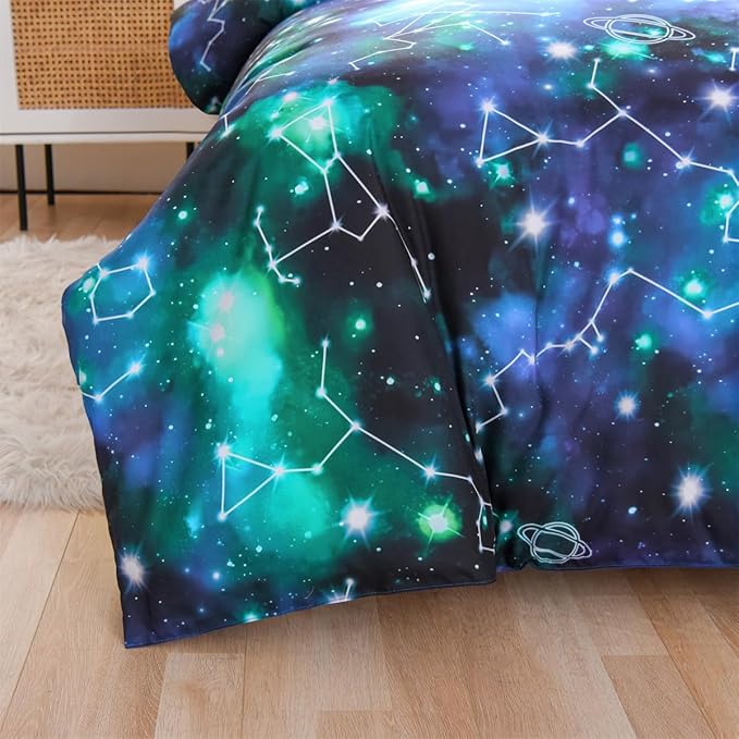 Holawakaka Tie Dye Constellation Print Ombre Comforter Set Queen Size Girls Boys Gradient Galaxy Bedding Set (Black Green,Queen) - LeafyLoom