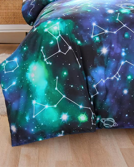 Holawakaka Tie Dye Constellation Print Ombre Comforter Set Twin Size Girls Boys Gradient Galaxy Bedding Set (Black Green,Twin) - LeafyLoom