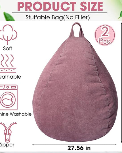 2 Pcs 100L Stuffed Animal Storage Bean Bag Chair Cover (No Filler) for Kids Soft Corduroy Stuffable Bean Bag Zipper for Organizing Children Plush Toys(Dusty Pink) - LeafyLoom