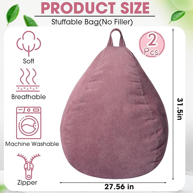 2 Pcs 100L Stuffed Animal Storage Bean Bag Chair Cover (No Filler) for Kids Soft Corduroy Stuffable Bean Bag Zipper for Organizing Children Plush Toys(Dusty Pink) - LeafyLoom