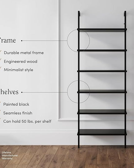Nathan James Theo 6-Shelf Tall Bookcase, Wall Mount Bookshelf Wood Shelves and Metal Frame, Matte Black - LeafyLoom