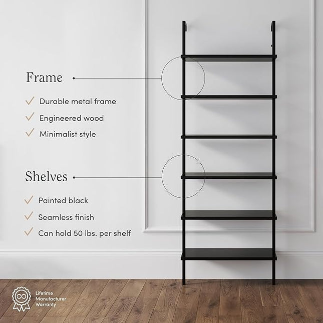 Nathan James Theo 6-Shelf Tall Bookcase, Wall Mount Bookshelf Wood Shelves and Metal Frame, Matte Black - LeafyLoom