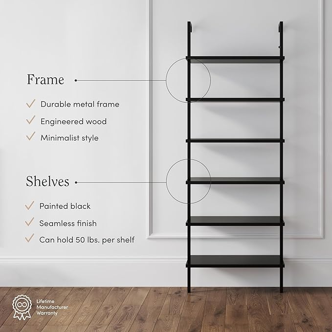 Nathan James Theo 6-Shelf Tall Bookcase, Wall Mount Bookshelf Wood Shelves and Metal Frame, Matte Black - LeafyLoom