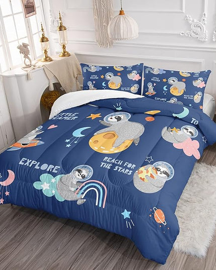Kawaii Sloth Comforter Set 3 Pieces Outer Space Moon Cloudy Star Bedding Set Cartoon Animal Astronaut Bed Quilt Set for Girls Boys Kids with 1 Comforter and 2 Pillow Cases, Blue - LeafyLoom