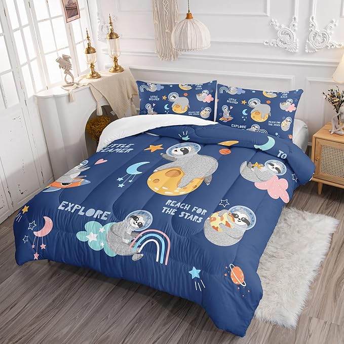 Kawaii Sloth Comforter Set 3 Pieces Outer Space Moon Cloudy Star Bedding Set Cartoon Animal Astronaut Bed Quilt Set for Girls Boys Kids with 1 Comforter and 2 Pillow Cases, Blue - LeafyLoom