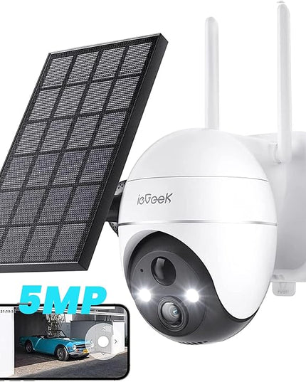 ieGeek 5MP Security Cameras Wireless Outside, Solar Camera Outdoor Wireless WiFi 360° PTZ Battery Powered with Spotlight & Siren/Motion Detection/Color Night Vision/2-Way Audio/IP65, Works with Alexa ieGeek