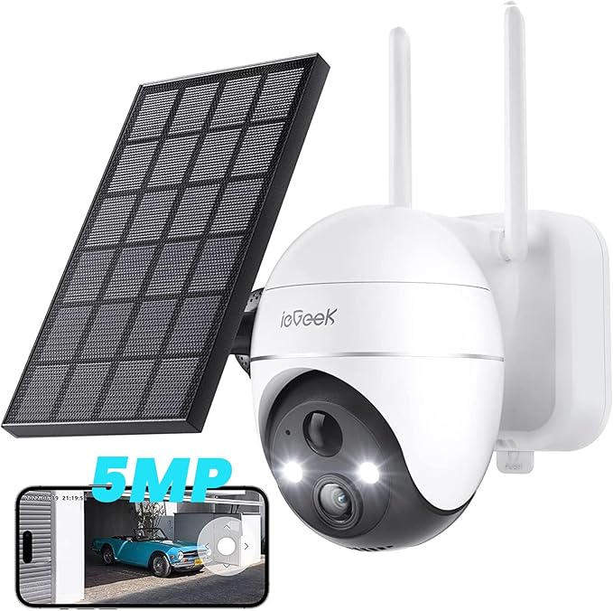 ieGeek 5MP Security Cameras Wireless Outside, Solar Camera Outdoor Wireless WiFi 360° PTZ Battery Powered with Spotlight & Siren/Motion Detection/Color Night Vision/2-Way Audio/IP65, Works with Alexa ieGeek