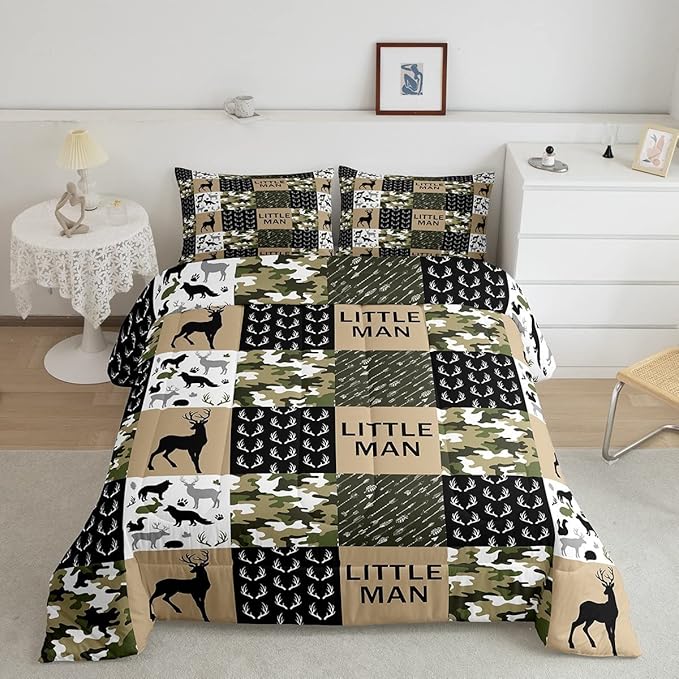 Manfei Deer Antlers Animals Silhouette Comforter Set Twin,Camo Geometric Checks Bedding Set 2pcs for Kids Adults Room Decor,Nordic Boho Arrow Quilt Set,Vintage Green Duvet Insert with 1 Pillowcase - LeafyLoom