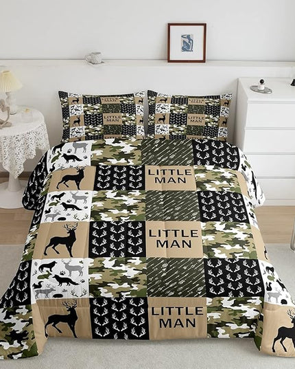 Kids Deer Antlers Animal Silhouettes Comforter Set King Size,Camo Geometric Lattices Bedding Set 3pcs for Adults Cabin Decor,Nordic Boho Arrows Quilt Set,Rustic Retro Green Duvet Insert,2 Pillowcases - LeafyLoom