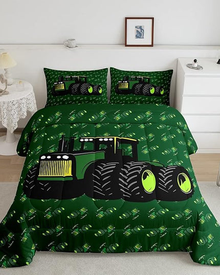 Erosebridal Boys Tractor Comforter Set Twin Size, Green Equipment Trucks Bedding Set, Construction Excavator Down Comforter, Cartoon Kids Car Room Decor Lightweight Soft Quilt Set, Farm Car Comforter - LeafyLoom
