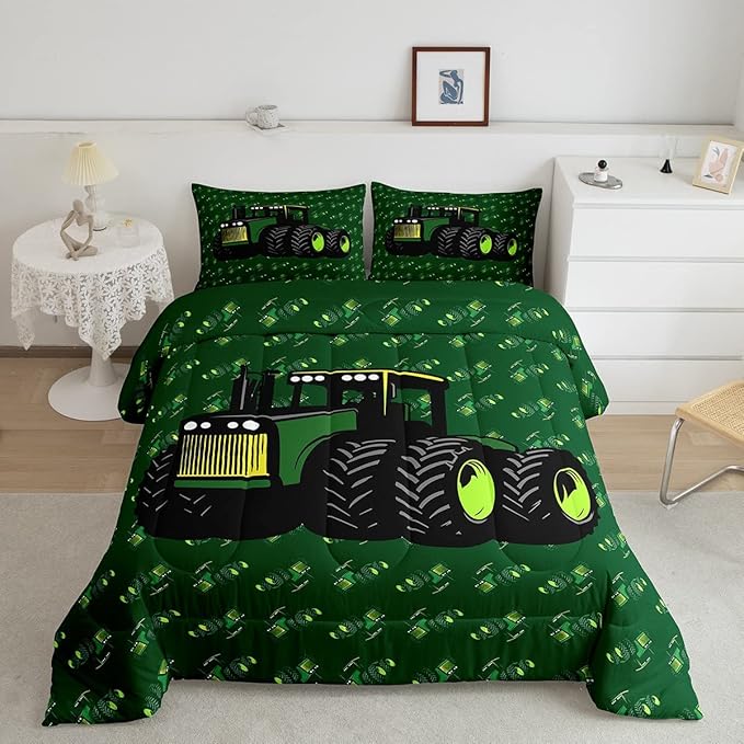 Erosebridal Boys Tractor Comforter Set Twin Size, Green Equipment Trucks Bedding Set, Construction Excavator Down Comforter, Cartoon Kids Car Room Decor Lightweight Soft Quilt Set, Farm Car Comforter - LeafyLoom