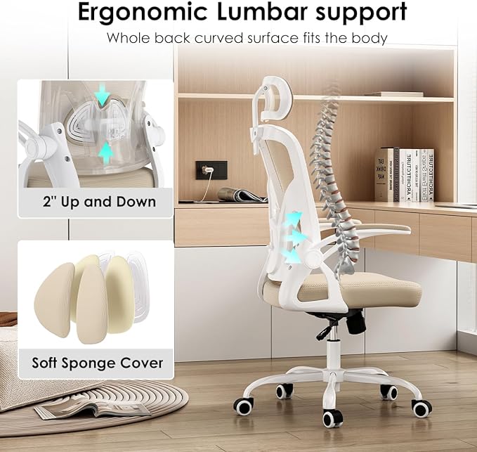 Farini Ergonomic Office Chair, Home Office Desk Chair with Headrest, High Back Computer Chair with Flip-up Armrests and Adjustable Lumbar Support for Home Office Study Room Bedroom, Khaki. - LeafyLoom