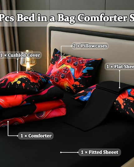 Full Size Gamer Comforter Set for Boys, Game Controller 6 Pcs Bed in a Bag Full Gaming Bediing Set for Boys Kids - LeafyLoom