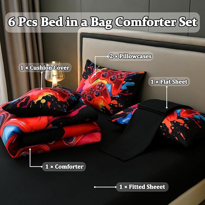 Full Size Gamer Comforter Set for Boys, Game Controller 6 Pcs Bed in a Bag Full Gaming Bediing Set for Boys Kids - LeafyLoom