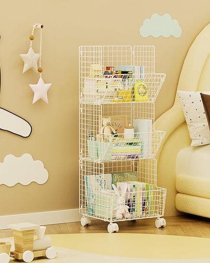3 Tier Rolling Wire Toy Organizer Basket - with Wheel, S-Hooks, Toy Storage Cart Wall Bookshelf for Kids Room, Playroom, Bedroom (White, Standard) - LeafyLoom