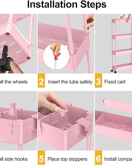 SPACELEAD Slim Storage Cart 4 Tier,Bathroom Storage Organizer Rolling Utility Cart, Mobile Shelving Unit Slide Out Storage Cart for Office, Bathroom, Kitchen, Laundry Room & Narrow Places， Pink - LeafyLoom