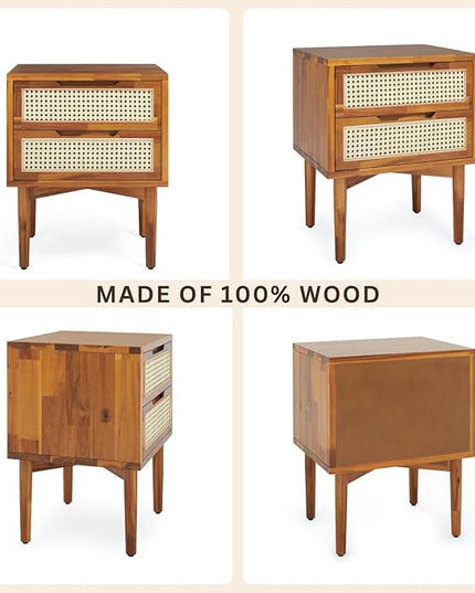Bme Nightstand Oliver Solid Wood Rattan Side End Table, Fully Assembled, for Bohemian & Mid Century Style Bedroom and Living Room, Caramel - LeafyLoom