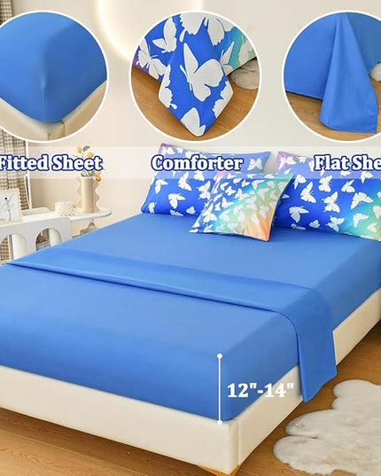 Butterfly Bedding Set Full, Blue Butterfly Comforter Set for Girls Kids Teens 6 pcs Bed in a Bag Full Bedding Sets for Girls - LeafyLoom