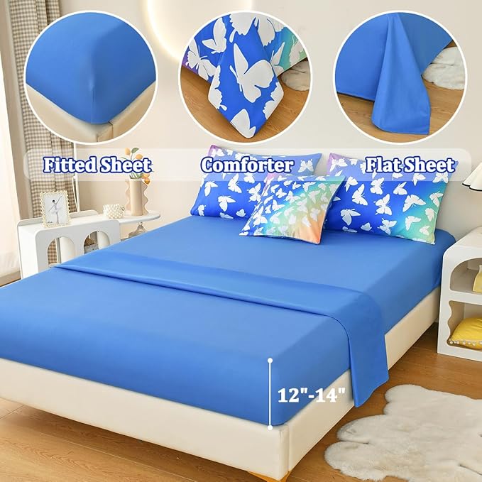 Butterfly Bedding Set Full, Blue Butterfly Comforter Set for Girls Kids Teens 6 pcs Bed in a Bag Full Bedding Sets for Girls - LeafyLoom