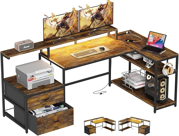L Shaped Home Office Desk with File Drawes, Gaming Desk with Led Lights & Power Outlets, Reversible Office Desk Rustic Brown - LeafyLoom
