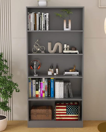 Wood Bookcase 5-Shelf Freestanding Display Shelf Organizer Wooden Bookshelf for Home Office School (Grey 11.8" D x 31.5" W x 67.9" H) - LeafyLoom