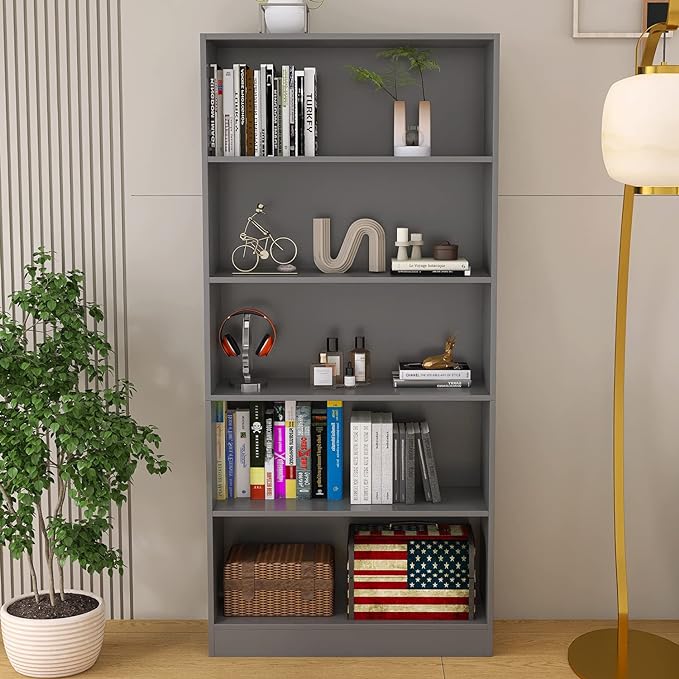 Wood Bookcase 5-Shelf Freestanding Display Shelf Organizer Wooden Bookshelf for Home Office School (Grey 11.8" D x 31.5" W x 67.9" H) - LeafyLoom