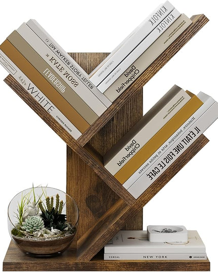 Tajsoon Tree Bookshelf 3 Tier Book Storage Organizer Shelves, Desktop Bookshelf Floor Standing Bookcase Display for CDs/Magazine/Books, Small Bookshelf for Bedroom, Living Room Office, Rustic Brown - LeafyLoom
