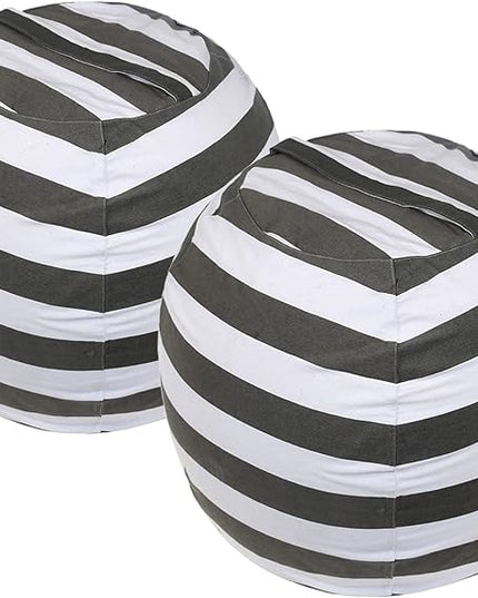 2 Packs Stuffed Animal Storage Beanbag Cover 24" Bean Bag Storage for Kids Girs Boys Room Toys Organizer Heavy-duty Zipper Bean Bag Chair Covers Only Grey Blue White Stripes Cotton Canvas - LeafyLoom