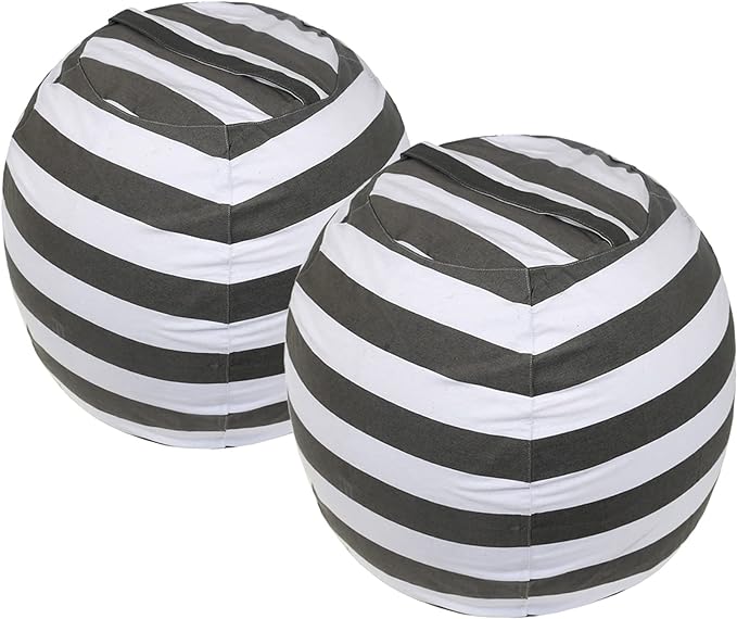 2 Packs Stuffed Animal Storage Beanbag Cover 24" Bean Bag Storage for Kids Girs Boys Room Toys Organizer Heavy-duty Zipper Bean Bag Chair Covers Only Grey Blue White Stripes Cotton Canvas - LeafyLoom