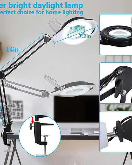 10X Magnifying Lamp with Clamp, KIRKAS 2200 LM Super Bright and Stepless Dimming Magnifying Glass with Light, Real Glass Lens Lighted Magnifier Light for Close Work, Crafts, Reading, Repair - Black - LeafyLoom